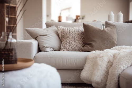 home interior design element close up freshness flower vase on coffee table in living room with background of white colour sofa and pillow daylight cosy comfort home interior background