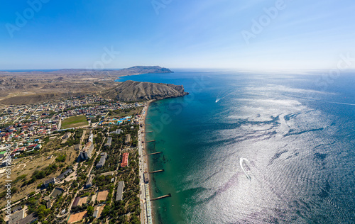 Sudak, Crimea. View of the city beaches of Sudak from the Black Sea. Aerial view