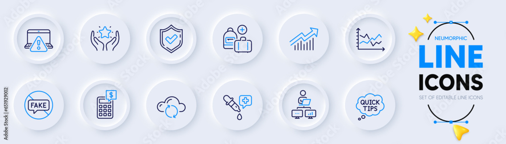 Ranking, Calculator and Chemistry pipette line icons for web app. Pack of Confirmed, Online warning, Cloud sync pictogram icons. Demand curve, Fake news, Quick tips signs. Add handbag. Vector Ranking, Calculator and Chemistry pipette line icons for web app. Pack of Confirmed, Online warning, Cloud sync pictogram icons. Demand curve, Fake news, Quick tips signs. Add handbag. Vector