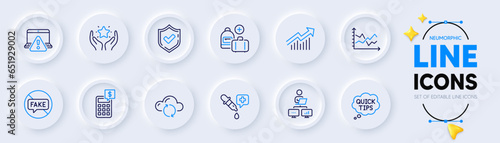 Ranking, Calculator and Chemistry pipette line icons for web app. Pack of Confirmed, Online warning, Cloud sync pictogram icons. Demand curve, Fake news, Quick tips signs. Add handbag. Vector