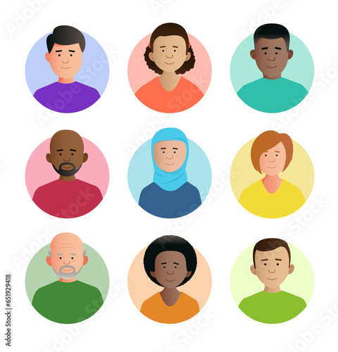 Illustrated flat simple characters profile images. Cropped headshots. Nine diverse colorful characters. Easy to edit.