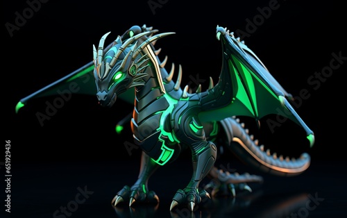 Robotic dragon on black background. Symbol of 2024  the year of the Dragon