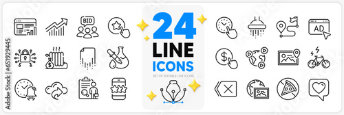 Icons set of Loyalty star, Buy currency and Journey line icons pack for app with Cloud share, Radiator, Chemistry experiment thin outline icon. Security lock, Web report, Auction pictogram. Vector