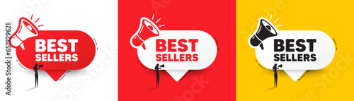Best sellers tag. Speech bubble with megaphone and woman silhouette. Special offer price sign. Advertising discounts symbol. Best sellers chat speech message. Woman with megaphone. Vector