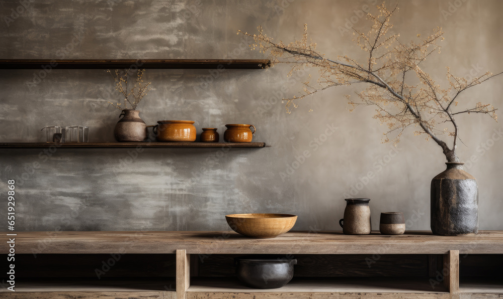 Wabi-sabi interior with vases on a shelf and table Wabi-sabi interior with vases on a shelf and table