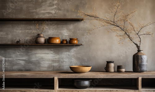 Wabi-sabi interior with vases on a shelf and table