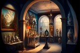 masterpiece painting of a 21st century luxury fine art gallery brightly lit interior view magical artifacts enchanted sculptures beautiful displays cluttered 