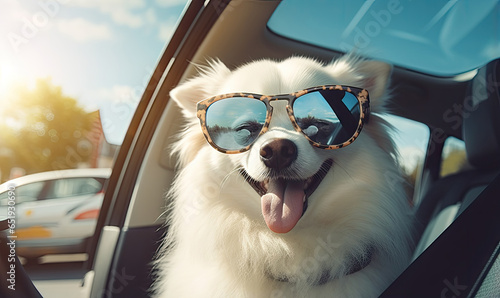 Traveling in style, this cheerful dog in sunglasses peeks from a car. © Lidok_L