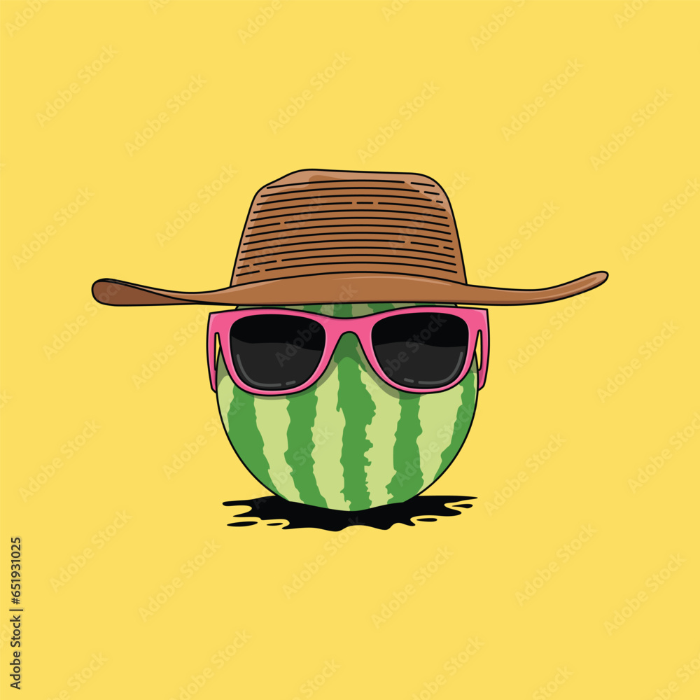 Fototapeta premium illustration concept. attractive cute watermelon summer illustration in stylish pink glasses with beach theme hat. minimal fruit concept. beach watermelon