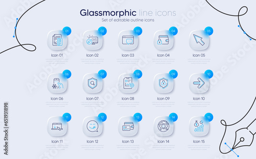 Set of Next, Refrigerator app and Inspect line icons for web app. Wallet, Cyber attack, Credit card icons. Yummy smile, Report checklist, Shield signs. Salary, Mouse cursor, Lock. Vector