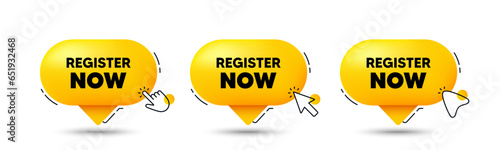 Register now tag. Click here buttons. Free registration offer. Create an account message. Register now speech bubble chat message. Talk box infographics. Vector