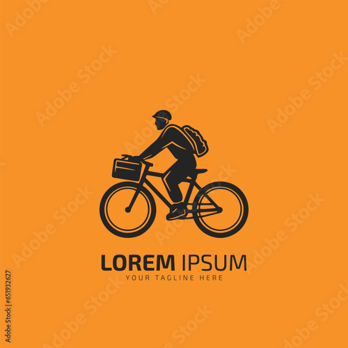 Fast and free delivery by cycle. Courier on bike with parcel box on the back isolated on yellow background. Delivery work vector illustration in flat design.