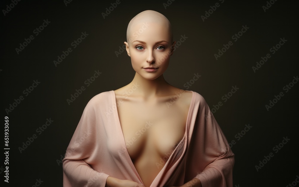Portrait of a girl recovering from breast cancer on a monochrome background