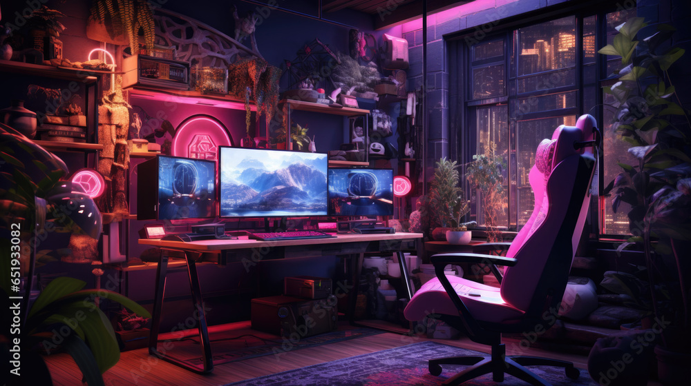 a gamer's room with computers and monitors and neon lights