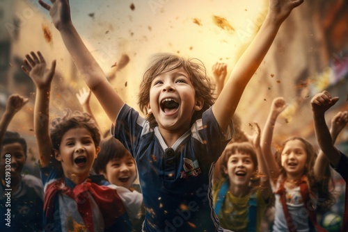 A group of children with their hands in the air, showing excitement and enthusiasm. This image can be used to depict joy, celebration, teamwork, education, or participation in activities.