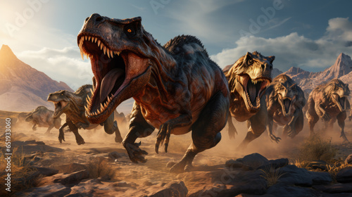 a herd of dinosaurs running away from something