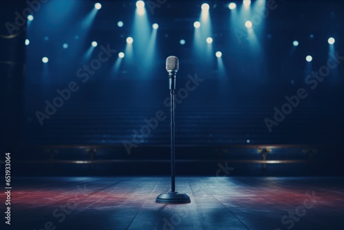 A microphone placed on a stage with vibrant spotlights in the background. This image is perfect for capturing the essence of live performances and public speaking events.