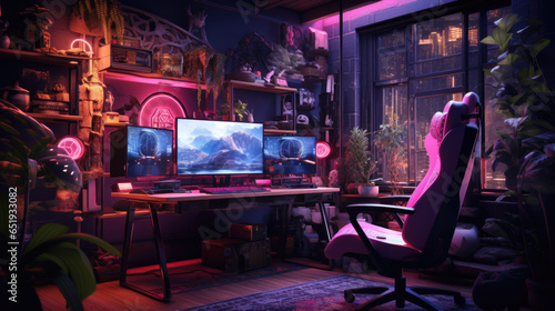 a gamer's room with computers and monitors and neon lights © jr-art