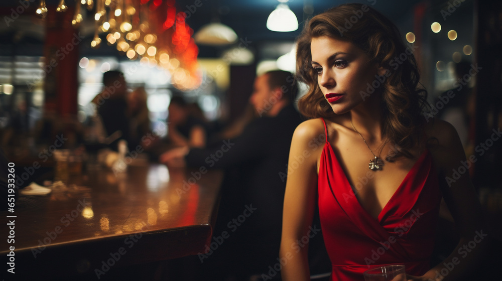 Young beautiful attractive and captivating woman in a red dress and with lipstick looking serious - obrazy, fototapety, plakaty 