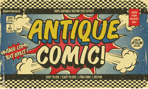 shabby worn vintage retro editable text effect in superhero cartoon comic style with grunge texture and halftone