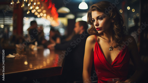 Young beautiful attractive and captivating woman in a red dress and with lipstick looking serious photo