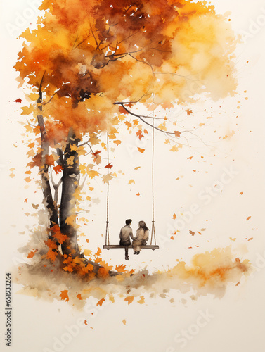 A Minimal Watercolor of a Couple Having a Quiet Moment on a Swing, Surrounded by Fall Colors