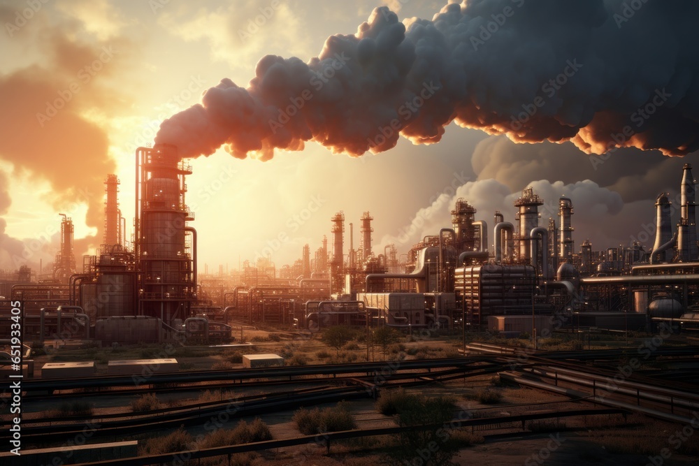 A picture of a large industrial factory emitting thick smoke. This image can be used to depict environmental pollution, industrial production, or the negative impacts of human activity on the environm