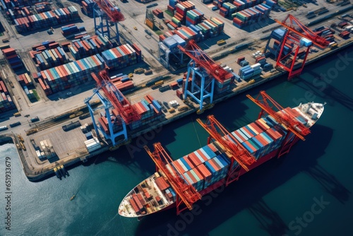 A high-angle view of a massive container ship docked at a bustling port. Perfect for illustrating global trade, logistics, and shipping industry.