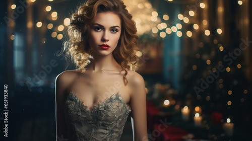Beautiful serious captivating woman in a festive lace dress and with lipstick
