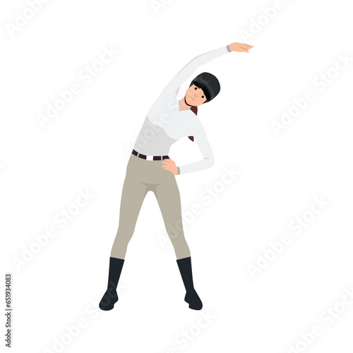 Beautiful female jockey. equestrian doing warm up for shoulder and body. Flat vector illustration isolated on white background
