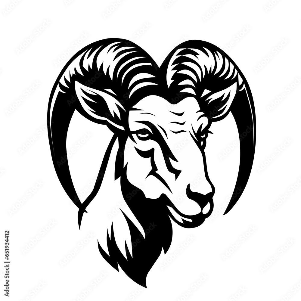 black and white goat illustration design on a white background