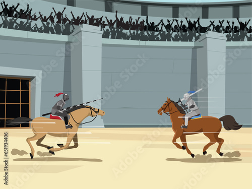 Medieval knight joust battle vector illustration. Cartoon flat horseman hero knight characters jousting with swords and shields on royal battlefield tournament. Flat vector illustration