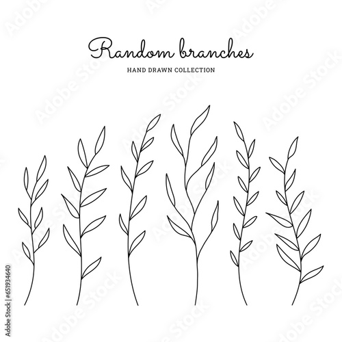 Set of branch and leaves silhouette collection. Floral hand drawn vintage set. Sketch line art illustration. Element design for greeting cards and invitations