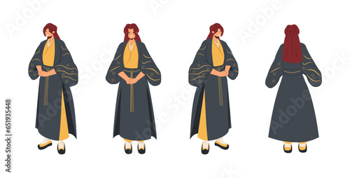 Ancient Chinese or Japanese  women wearing from different angle costume isolated concept. Female character front, back and side view.  cartoon vector illustration.