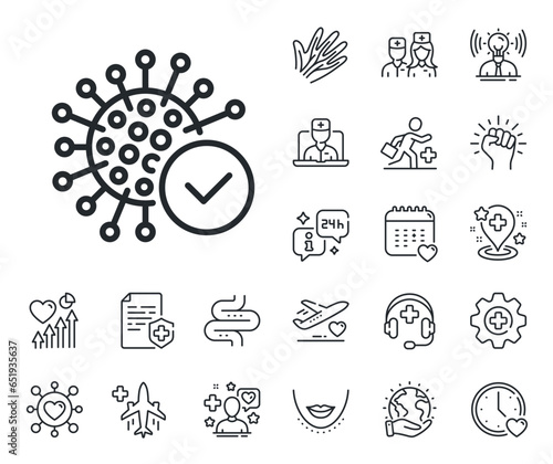 Covid-19 virus sign. Online doctor, patient and medicine outline icons. Confirmed coronavirus line icon. Corona virus symbol. Coronavirus line sign. Veins, nerves and cosmetic procedure icon. Vector