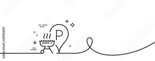 Grill place line icon. Continuous one line with curl. Barbecue cooker for cooking food sign. Hot meat brazier symbol. Grill place single outline ribbon. Loop curve pattern. Vector