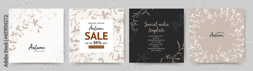 Neutral floral square banner templates with hand drawn autumn botanical flowers in pastel colors. Autumn sale on social networks. Vector for greeting card, wed invitation, social media post, poster