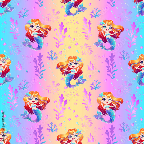 Seamless pattern with a cute mermaid with pink hair