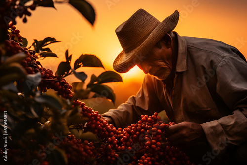 A male farmer harvests coffee beans on a plantation 2 photo