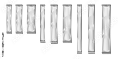 Blank white stick packet pack vector mock-up set. Individual pouch package for sugar, salt, spices, coffee. Mockup kit