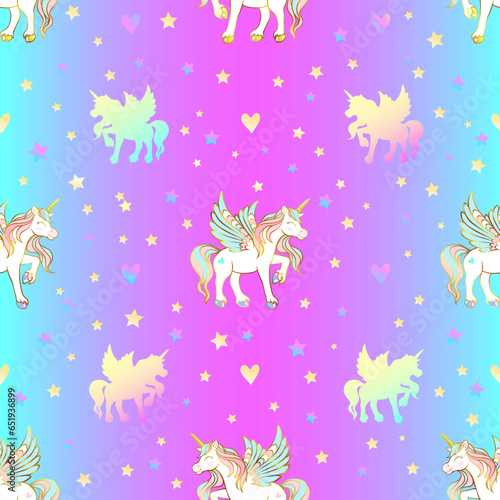 Cute magical unicorn with wings, hearts and stars. Seamless pattern on a reinbow background.