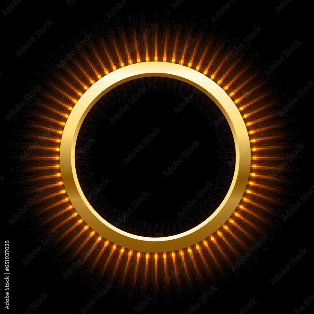 Gold ring with flash rays and sparks vector illustration. Realistic 3D circle shiny golden frame with edges and fiery flare, circular precious jewelry and abstract star dust glow on black background Gold ring with flash rays and sparks vector illustration. Realistic 3D circle shiny golden frame with edges and fiery flare, circular precious jewelry and abstract star dust glow on black background