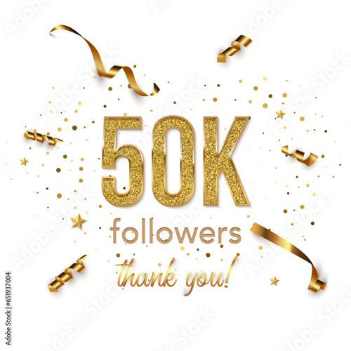 Half hundred thousand followers celebration square vector banner. Social media achievement poster. 50k followers thank you lettering. Golden sparkling confetti ribbons. Shiny gratitude text