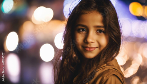 Beautiful young girl at night in the city with blurred lights ad copy space