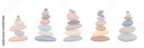 Balance stone pyramid collection. Pebble harmony tower in pastel colors. Zen, meditation, relaxing or tranquility vector concept set isolated on white background
