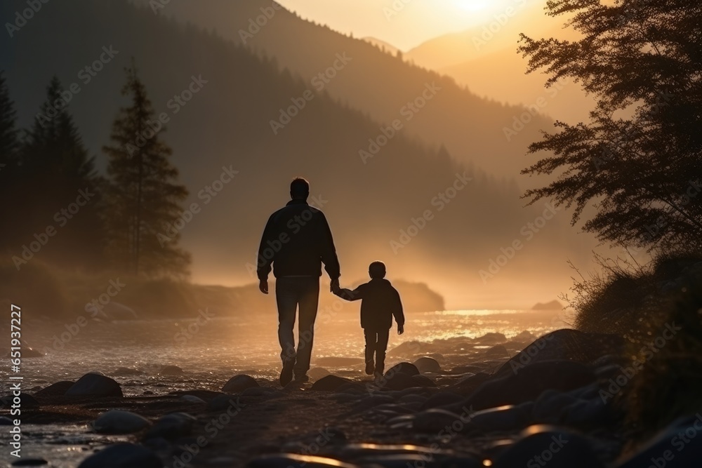 back view of active family of two, father and son, enjoying valley and mountain, active family vacation concept, father day concept.