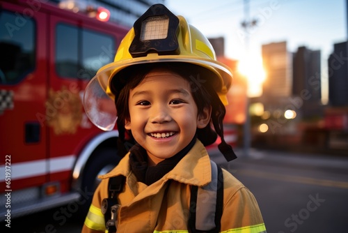 A handsome boy imagines to be a firefighter waring an firefighter suit.
