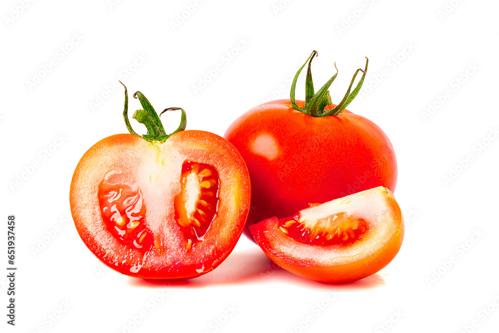 tomatoes fresh ripe cut in half to reveal the juicy flesh and seeds. isolated on a white background. tomatoes fresh ripe cut in half to reveal the juicy flesh and seeds. isolated on a white background.