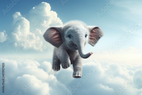 Baby elephant in clouds. Cute animal love. Generate Ai
