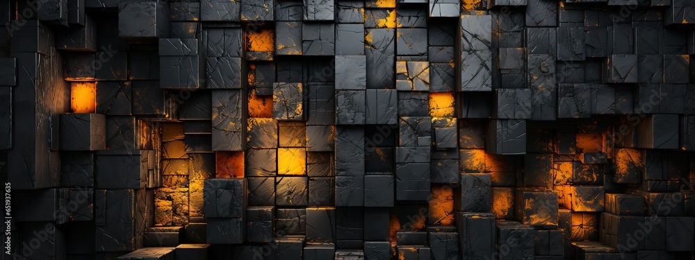 Flaming black cubes pattern.  - obrazy, fototapety, plakaty 